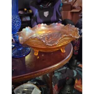 Vintage Marigold Carnival Glass Footed Bowl Orange Tree Ruffled Edge Fenton